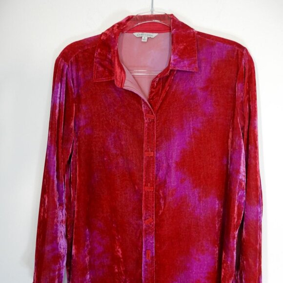 JOHN MARK Point Collar Button Front Tunic Top Size S Red Pink Tie Dye Velvet NEW - Picture 4 of 8